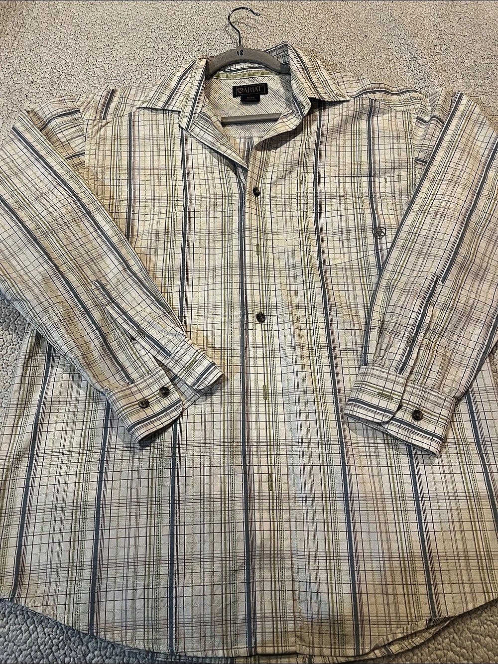 Ariat Plaid Long Sleeve Shirt in Cream & Blue Size Medium